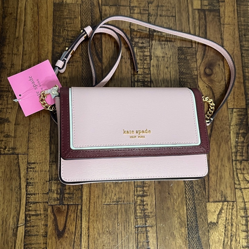 Kate Spade Crossbody Morgan dogwood colorblock saffiano peachy pink burgundy - Picture 5 of 13
